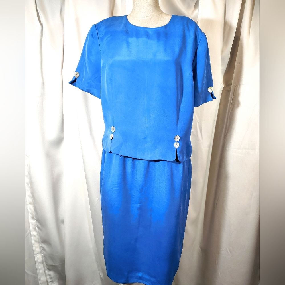 Shomi Silk Midi Dress, Blue,Short Sleeve, Round Neck, Zip,  Round Neck, Soft, 16